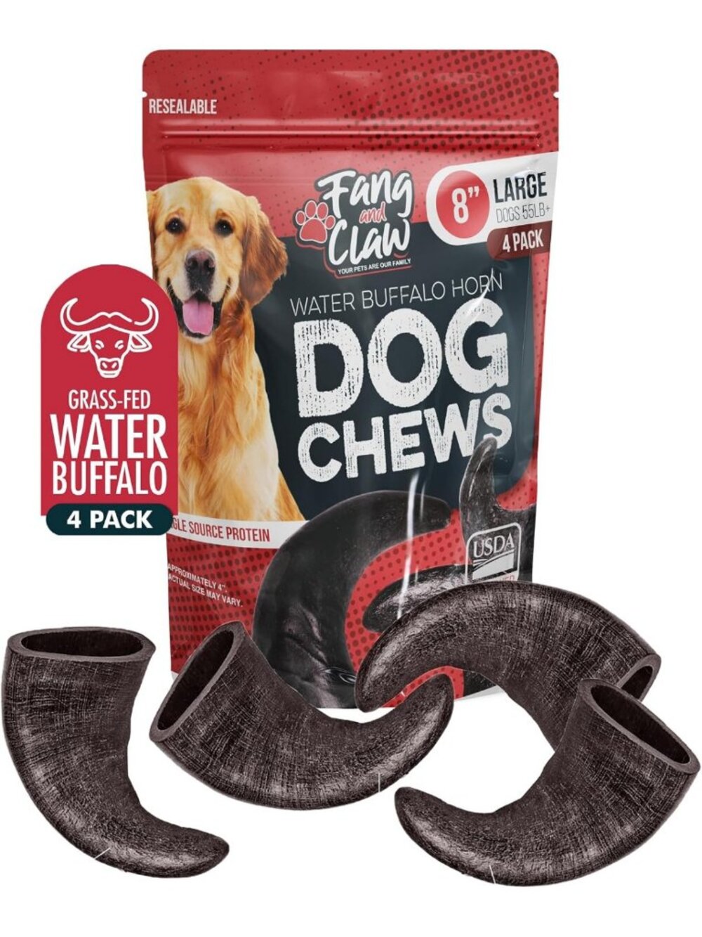 4 Pack Large Water Buffalo Horns for Dogs - Natural Chew for Aggressive Chewers